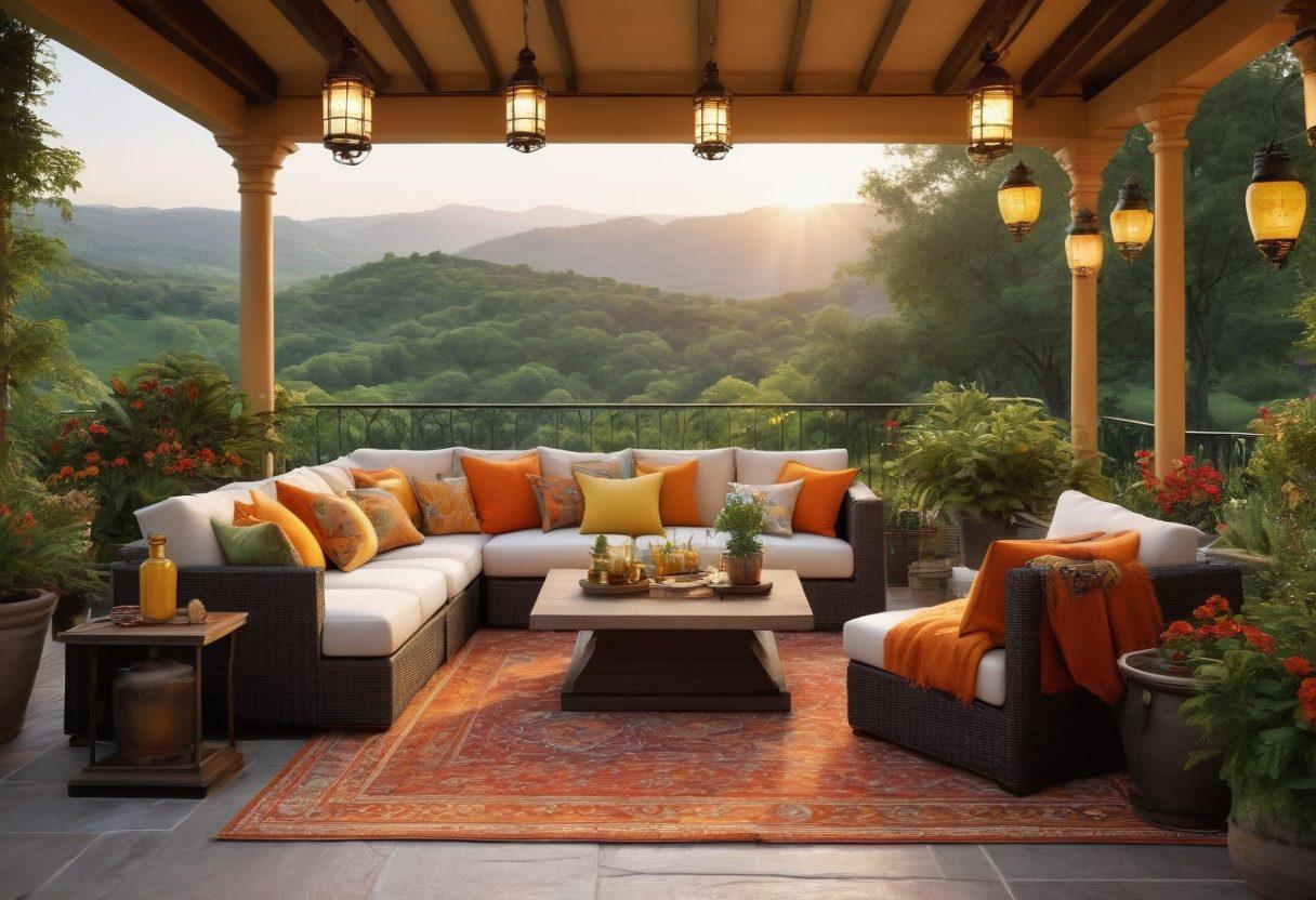 A breathtaking terrace overlooking a lush green landscape, adorned with elegant outdoor furniture, vibrant plants, and decorative lanterns. The scene captures a golden sunset casting warm hues across the sky, enhancing the serenity of outdoor living. Include cozy blankets draped over seating and a small dining setup to convey a joyful atmosphere. The terrace should feature a mix of modern and rustic design elements. super-realistic. vibrant colors.