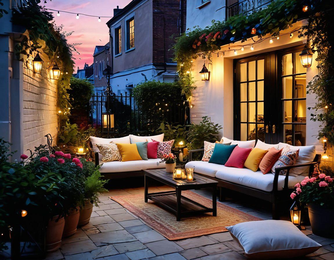 A serene Georgian terrace with lush greenery, elegantly decorated with colorful cushions and potted flowers. Cozy outdoor seating surrounded by twinkling fairy lights, creating a warm and inviting atmosphere. A soft sunset casting a golden glow, inviting relaxation and tranquility. Show people enjoying this blissful space, connecting with nature. super-realistic. vibrant colors. warm tones.