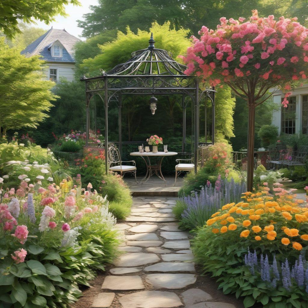 A picturesque Georgian-style garden showcasing colorful flowers in full bloom, elegant wrought-iron furniture, and a charming gazebo surrounded by lush greenery. Soft sunlight filters through the leaves, creating a warm and inviting atmosphere perfect for relaxation. Capture the essence of tranquility with rustic stone pathways leading to serene sitting areas. romantic pastel colors. super-realistic. serene ambiance. vibrant greens and flowers.